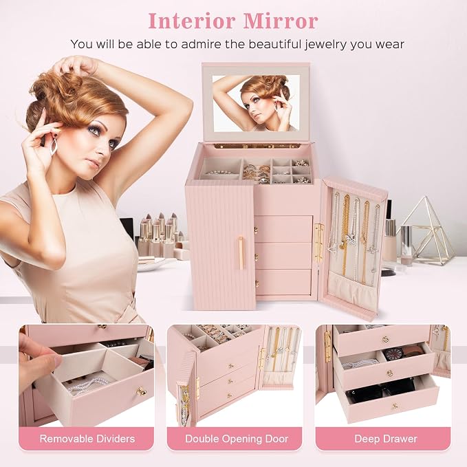 Dajasan Large Jewelry Box Organizer, Jewelry Storage with 3 Drawers, Huge Jewelry Box with Mirror, Gift Idea for Women, Girls, Double Door, Textured PU Leather Surface, Stylish (Pink + Gold)