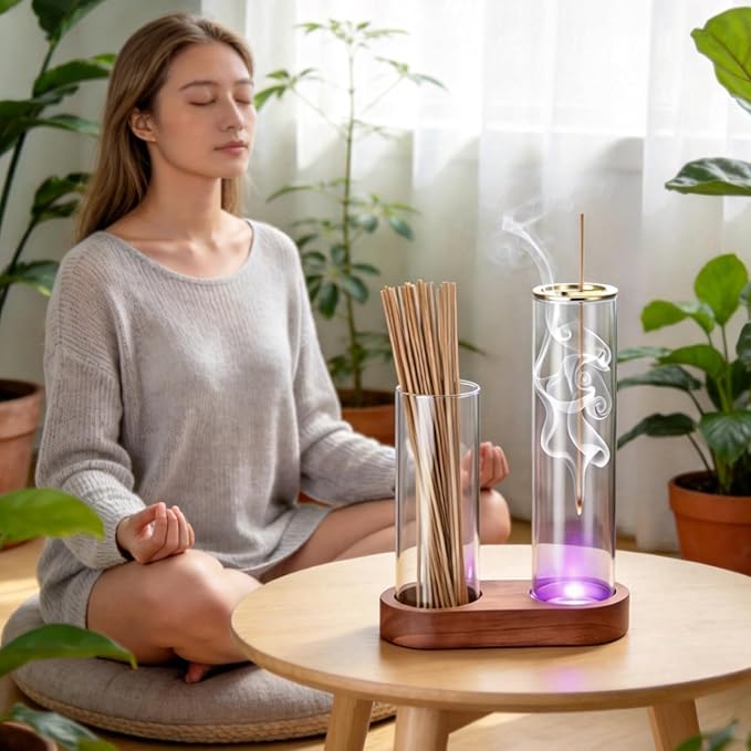 2 in 1 Glass Glowing Incense Holder for Sticks with Glass Ash Catcher, Upside Down Anti-Ash Incense Stick Burner, Modern Vertical Incense Holder for Yoga, Spa, Meditation and Home Decor