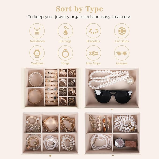 Dajasan Large Jewelry Box Organizer, Jewelry Storage Organizer with 3 Drawers, Huge Jewelry Box with Mirror for Women Girls, Double Door, Textured PU Leather, Gift Idea, Stylish (Beige + Gold)