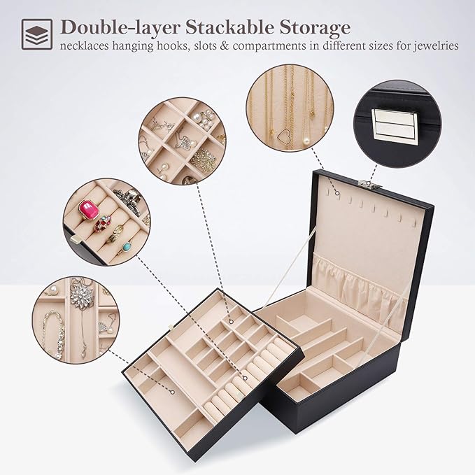 ProCase 2 Layers Jewelry Box for Women -Black | Large Leather Jewelry Organizer Storage Case with Removable Pad for Earrings