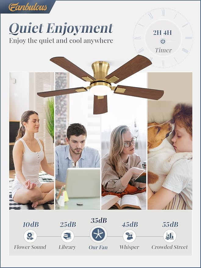 Fanbulous 42 inch ceiling fan with light, Low Profile Ceiling Fan with Light, App&Remote Control, Dimmable LED Light, Flush Mount Ceiling Fan for Indoor Bedroom Living Room, Qiuet DC Motor