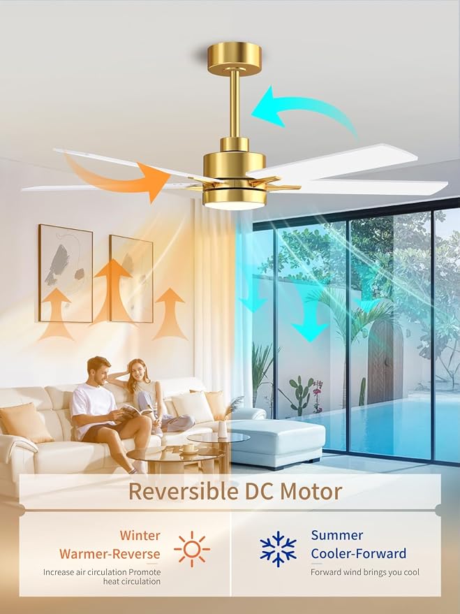 LANMEL 52'' Ceiling Fan with Lights and Remote, Low Profile Modern Ceiling Fan Gold, 6 Speed, Reversible, 3000k-6000k LED, Quiet DC Motor Ceiling Fans for Indoor Outdoor Bedroom Living Room