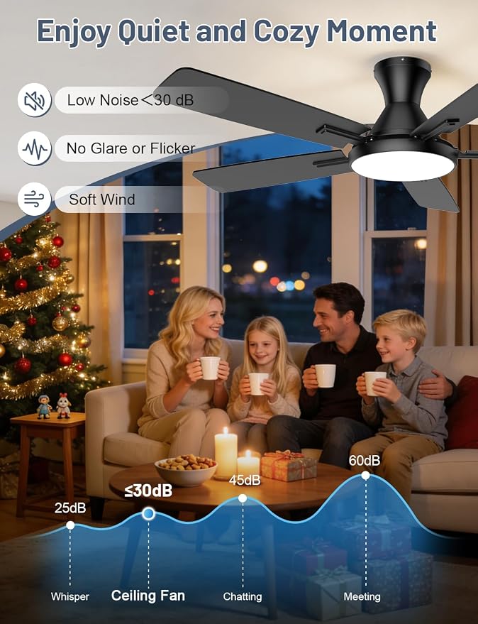 Ceiling Fan with Lights, 52” Ceiling Fan with Light and Remote/APP Control, 2700-6500K CCT Adjustable, Stepless Dimmable, Quiet Reversible Motor, Flush Mount LED Fans Light for Bedroom Living Room