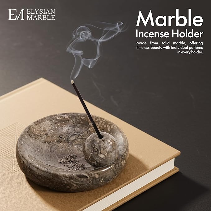 Incense Holder for Sticks, Natural Marble Incense Burner Ash Catcher Plate for Palo Santo, Sage, Meditation, Yoga and Home Decor - Oceanic Grey