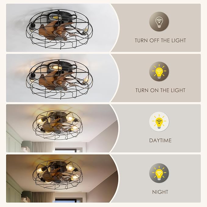 ZYD Caged Ceiling Fan with Light, 19" Caged Industrial Ceiling Fans with Lights and Remote Flush Mount, Small Farmhouse Ceiling Fan with Light Low Profile 6 Speed Reversible with Timing - Black