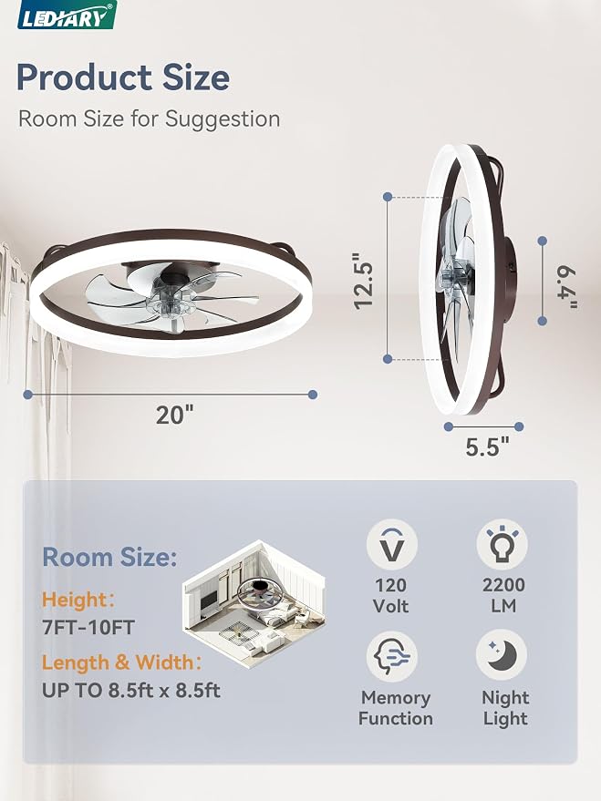 LEDIARY Ceiling Fans with Lights, 20 inch Low Profile Flush Mount Ceiling Fan, Dimmable LED, APP & Remote Control, Quiet Reversible DC Motor, 6 Speeds, Fandelier for Bedroom, Brown