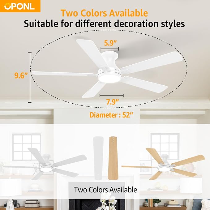 OPONL Ceiling Fan with Light, 52 inch Low Profile Ceiling fan with Light and Remote Control, Reversible, 6CCT, Dimmable, Noiseless, White Ceiling Fan for Bedroom, Indoor/Outdoor Use, Modern