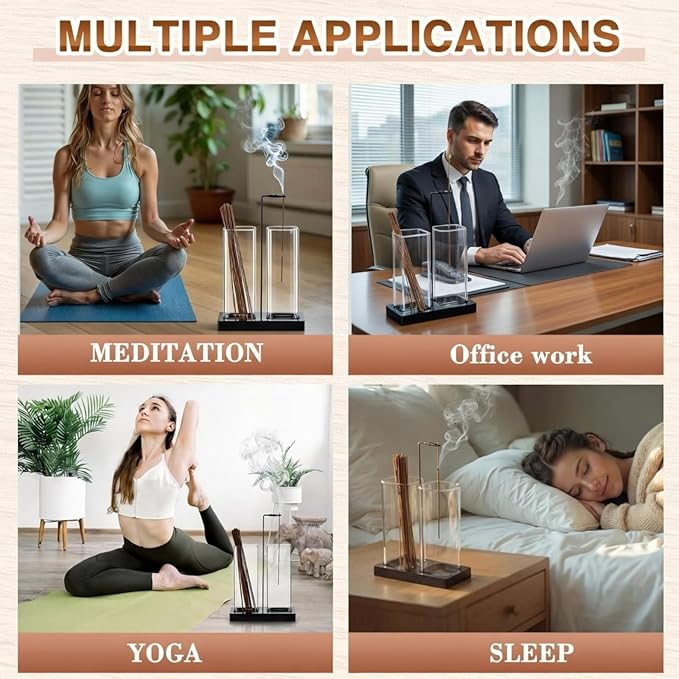 Zhehao 4 Pcs 2 in 1 Incense Holder for Sticks with Glass Ash Catcher Kit, Includes 1 Upside Down Anti-ash Flying Incense Burner 1 Ash Brush and 2 Mats for Meditation, Yoga, Spa, Home Decor