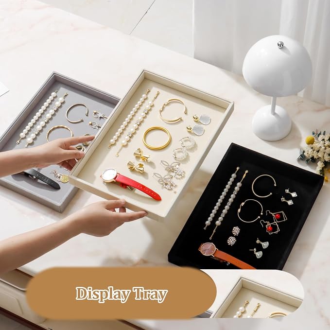 Large Velvet Jewelry Tray 2 Pack Stackable Jewelry Display Drawer Inserts Trays Organizer for Earring Bracelet Necklace Ring (Beige, 1 Grid)