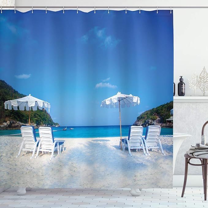 Ambesonne Seaside Shower Curtain, Seaside Hills Sandy Beach with Chairs Umbrellas Facing The Sea Image, Cloth Fabric Bathroom Decor Set with Hooks, 69" W x 84" L, White and Blue