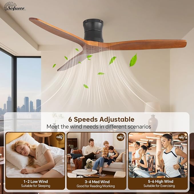 Sofucor 52" Smart Ceiling Fan No Light, Solid Wood Low Profile Ceiling Fan with Remote, Flush Mount Ceiling Fan Works with Alexa/Google/App 6-Speed Timing Reversible DC Motor for Living Room Bedroom