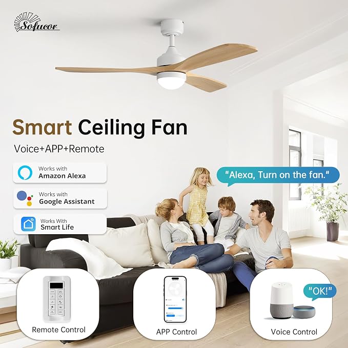 Sofucor 52" Smart Wood Ceiling Fans Lights, Flush Mount & Downrod Mount, 3 Wood Blades Modern Outdoor Ceiling Fans with Alexa/Google Assistant/APP/Remote Control for Bedroom, Farmhouse, Patio, Indoor
