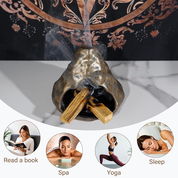 MOUGIGI Black Gold Palo Santo Incense Burner-Unique Zongzi-Shaped Clay Smudge Bowl for Sage,Copal, and Stick Incense-Mini Chiminea for Zen Meditation,Yoga,Altar,Aromatherapy & Energy Cleansing Decor