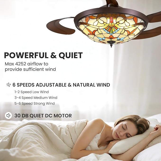 48inch Retractable Ceiling Fan Tiffany Style Chandelier Light Fixtures Ceiling with Remote & Dimmable, 6-Speed, Reversible Vintage Fandelier for Bedroom Living Room Dining Room Kitchen