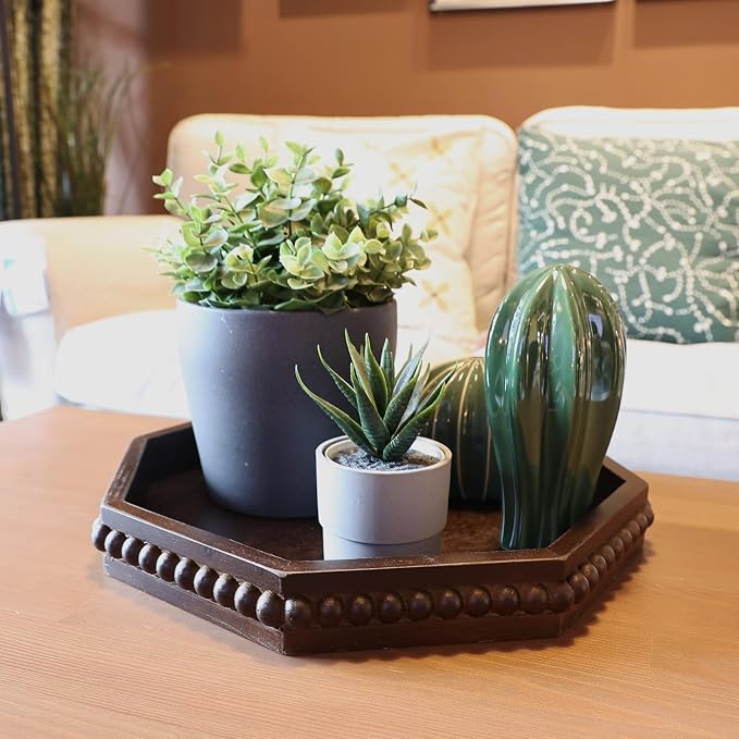 Hrastany Retro Brown Octagonal Wood Decorative Tray, Small Farmhouse Wooden Serving Tray with Beads, Versatile Coffee Table Tray for Kitchen Counter, Ottoman, Living Room