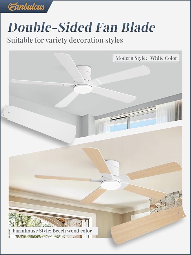 Fanbulous 52” Ceiling Fans with Lights and Remote, Flush Mount Ceiling Fan | Low Profile,Modern Ceiling Fan with LED Light, 5 Blades, 3CCT, 6 Speeds,Timer,Bedroom, Indoor, Outdoor,Living room,White