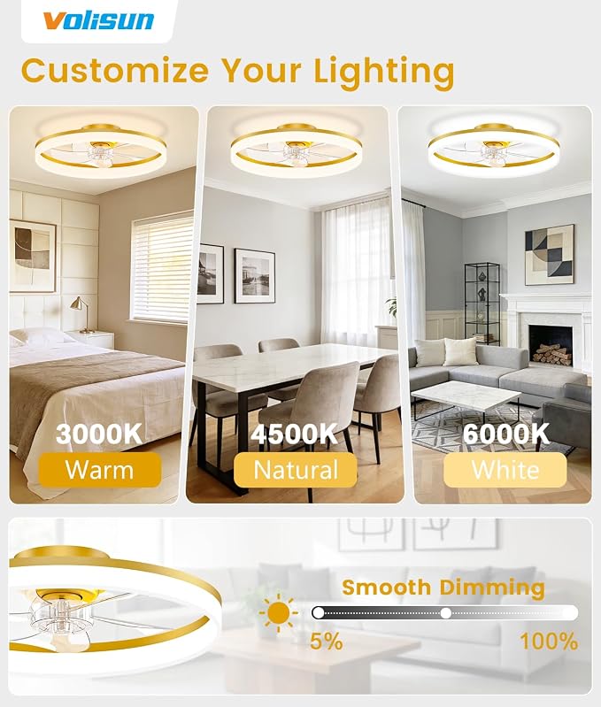 VOLISUN Low Profile Ceiling Fans with Lights and Remote, 20in Fandelier Ceiling Fan Flush Mount, 3000K-6500K Smart Bladeless LED Fan Light, Gold Modern Ceiling Fans with Lights for Bedroom