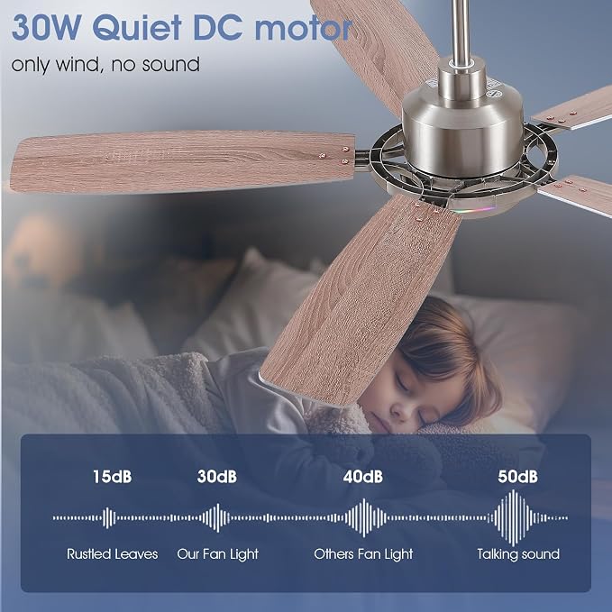 SHIHOT 54" Modern Sand Nickel 6-Blade RGB Ceiling Fans with Lights & Remote | 14 RGB Modes ,6 Wind Speeds, Reversible, Dimmable 3 CCT LED, 30W Quiet DC Motor,6 Double-Sided Blades,for Bedroom Kidsroom