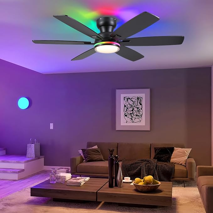 Kviflon 52" Ceiling Fans with RGB Lights, Low Profile Ceiling Fan with Remote/APP Control, Flush Mount, Double-Sided 6 Reversible Blades, RGB+3CCT Dimmable Lights, Double Lampshade for Bedroom, Black