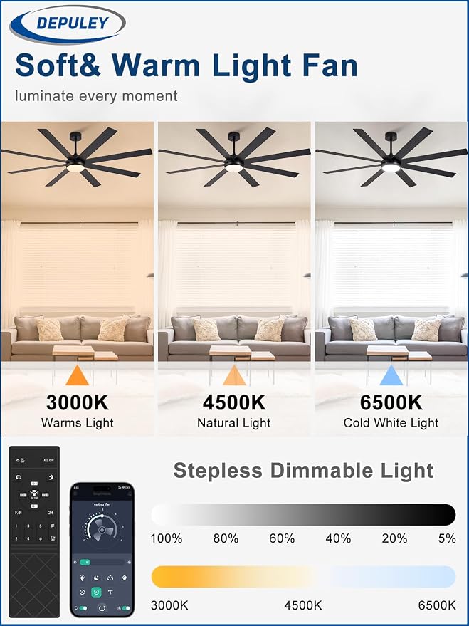 Depuley 72" Ceiling Fans with Lights: Large Indoor/Outdoor Ceiling Fan for Patios Living Room - 8 Blades Brown Dimmable Ceiling Fans with Remote APP Control Timer Reversible Quiet DC Motor 6 Speeds