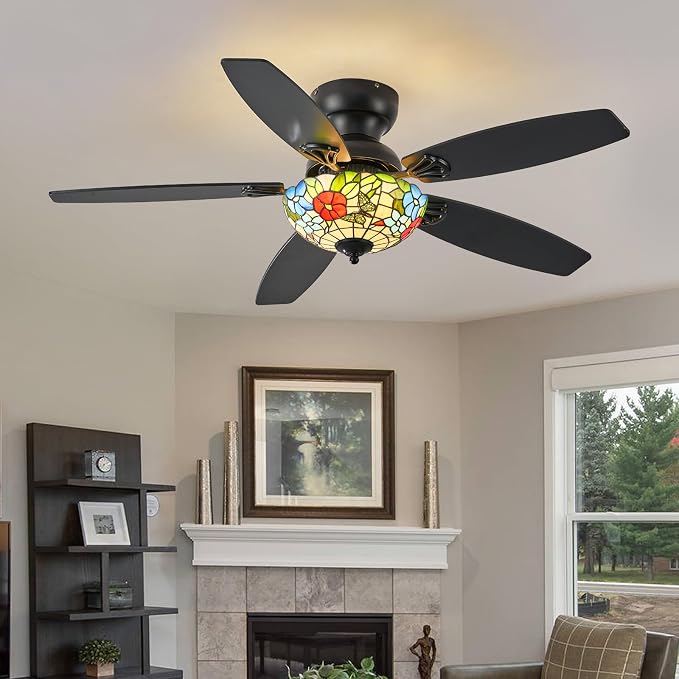 Tiffany Ceiling Fans with Lights - 48" Ceiling Fan Chandelier with 5 Dual-Blades and Glass Shade, 6 Speeds and Reversible, Indoor and Outdoor, Retro Style