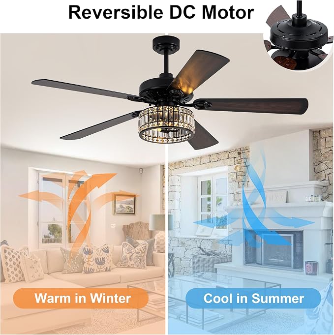 60" Crystal Ceiling Fan with Lights and Remote, Rustic Chandelier | Farmhouse Fandelier Ceiling Fan, Crystal Caged Chandelier for Living Room Indoor Cover Porch, Reversible DC Motor 6 Speeds