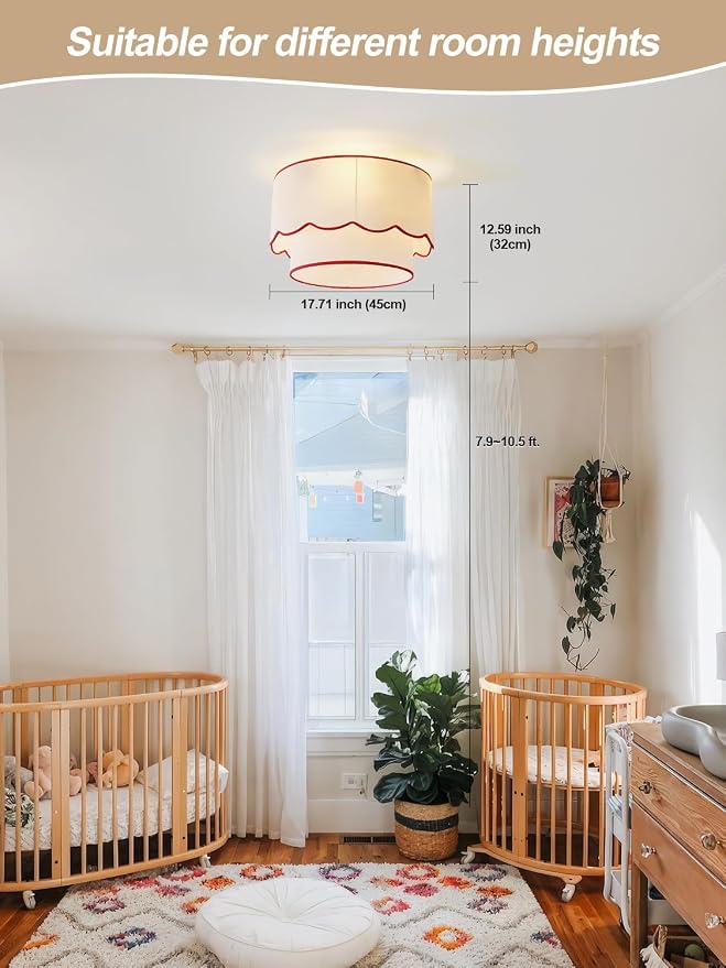 Flush Mount Ceiling Fan with Light, 18" Red Low Profile Boho Ceiling Fans with Lights Remote Control, Drum Caged Fabric with 6 Speeds for Bedroom,Nursery,Living Room