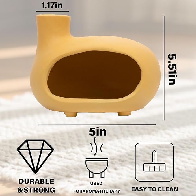 MOUGIGI Yellow Palo Santo Holder with Chimney–Mini Fireplace Incense Burner for Sage Burning, Wood Sticks, Cones&Tealights-Handcrafted Ceramic Smudge Bowl,Aromatic Incense Burner-Yoga Meditation Gift