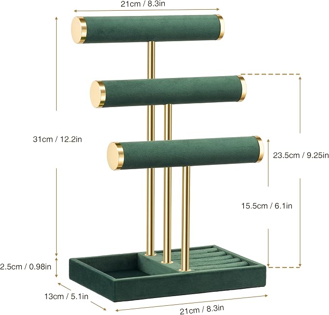 Jewelry Organizer Stand Display, 3 Tier Velvet Bracelet Holder, Green | Jewelry Organizers and Storage | Jewelry Tree | Jewelry Towers for Necklaces, Bracelets, Earrings, Rings