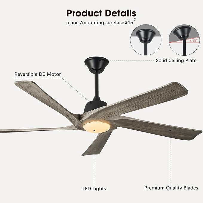 60" Solid Wood Ceiling Fan with Lights, Remote and APP Control, 3-color Dimmable LED, 6-speed Reversible, Modern Ceiling Fans for Bedroom, Living Room, Outdoor/Indoor, Greywood