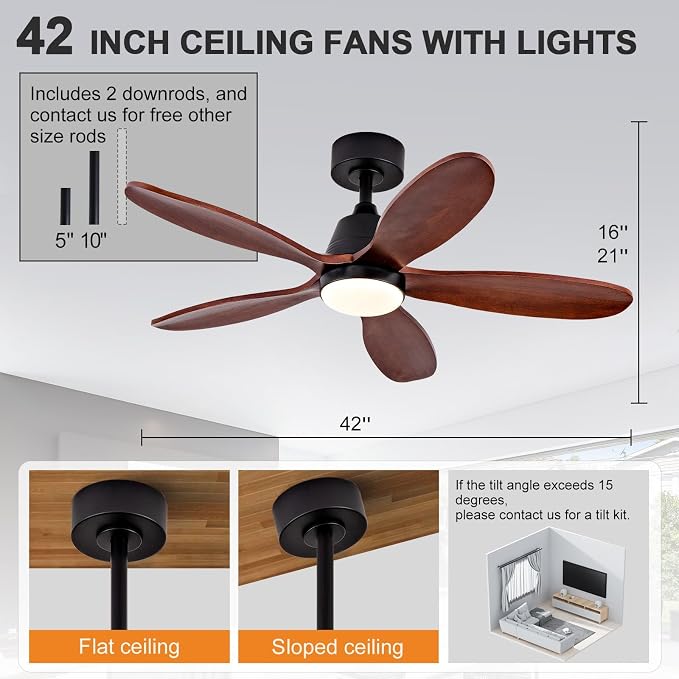 Ceiling Fans with Lights, 42 inch Ceiling Fan with Light and Remote Control, 3CCT, Dimmable, Reversible, Noiseless, Black Ceiling Fan for Bedroom, Living Room