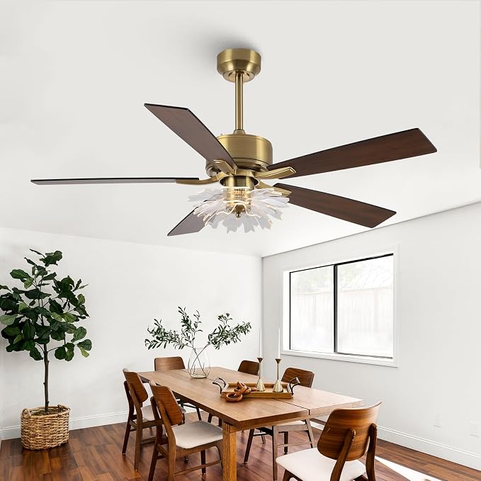 52 Inch Gold Ceiling Fans with Lights and Remote, Modern PS Petal Crystal Black and Gold Ceiling Fan for Bedroom Living Room Apartment, 3CCT Dimmable Indoor Girls Chandelier, 6 Speeds DC Motor