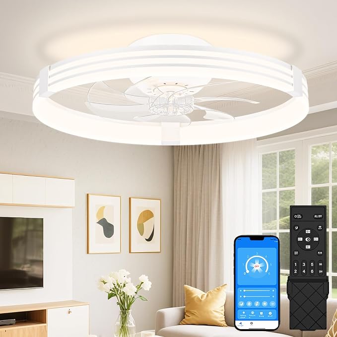 VOLISUN Low Profile Ceiling Fans with Lights and Remote, 20in Flush Mount Ceiling Fan with Light, 3000K-6500K Dimmable Fandelier LED Fan Light, White Bladeless Ceiling Fans with Lights for Bedroom