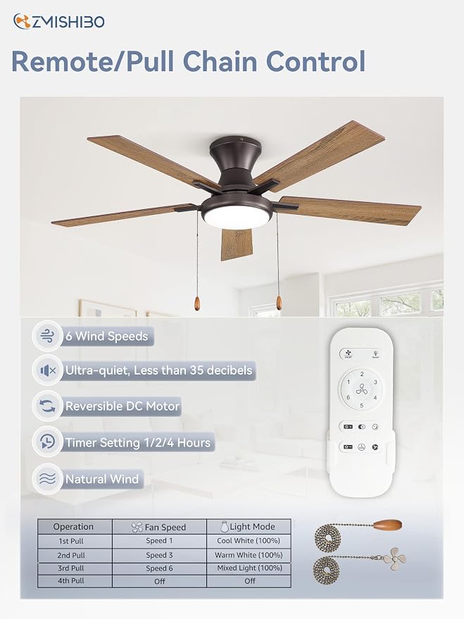 ZMISHIBO Ceiling Fans with Lights, Low Profile Ceiling Fan with Pull Chain and Remote Control, Flush Mount, Reversible, Dimmable, Noiseless, Black Pull Cord Ceiling Fan for Bedroom(52inch Brown)