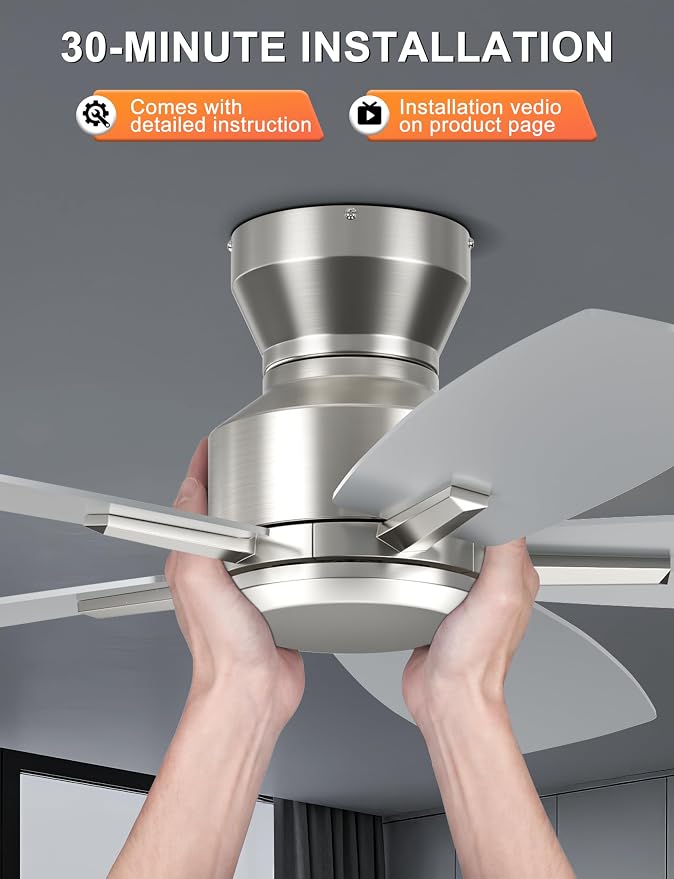 Ohniyou 42 Inch Ceiling Fan No Light, Low Profile Ceiling Fan with Remote and App Control, Flush Mount Ceiling Fan without Light for Bedroom Kitchen Covered Patios, Quiet DC Motor, Silver
