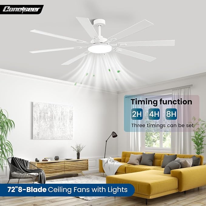 72 Inch Ceiling Fans with Lights and Remote, Dual Color 8 Blades, Bedroom Living Room Office Library Cafe Outdoor Industrial, 3CCT Dimmable, 6 Speed Reversible Quiet DC Motor, White/Wood Grain