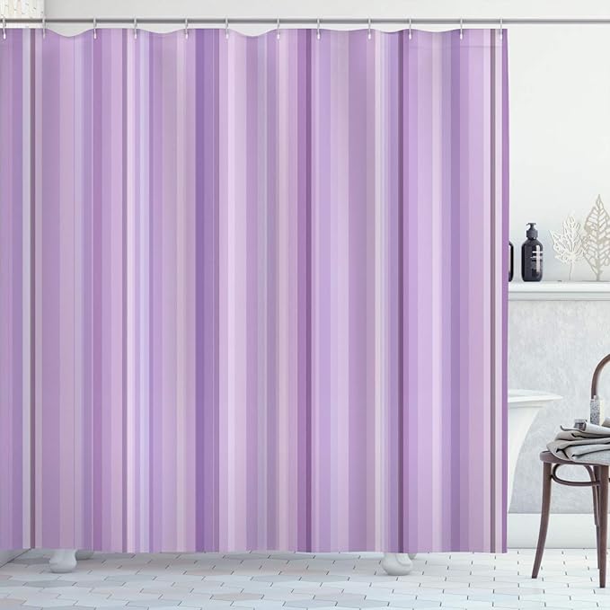 Ambesonne Stripes Shower Curtain, Abstract Ocean Inspired Palette Lines Geometrical Image Illustration, Cloth Fabric Bathroom Decor Set with Hooks, 75" Long, Lavender Lilac