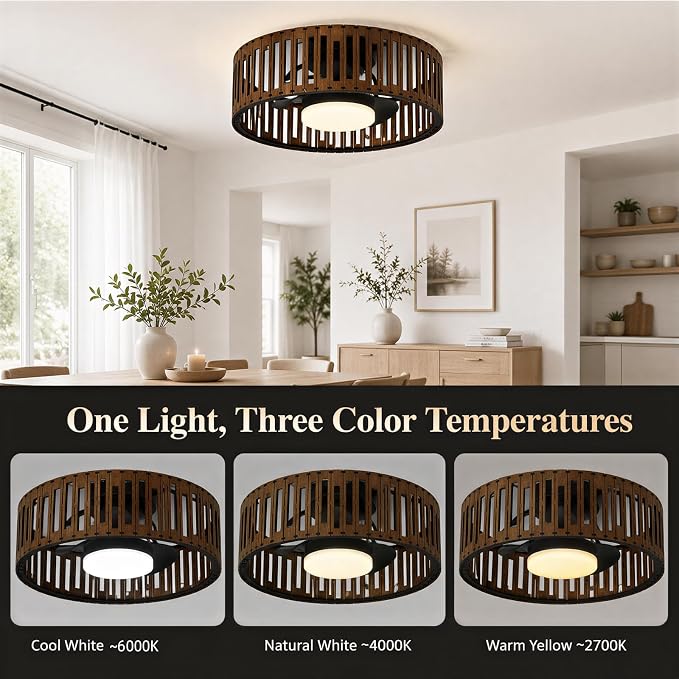 Ceiling Fans with Lights and Remote,20inch Low Profile Flush Mount Ceiling Fan 3000–6000K Dimmable LED Fandelier Bladeless Wood Fan Light for Bedroom Kitchen Living Room Diningroom Foyer Nursery