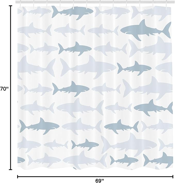 Ambesonne Sea Animals Shower Curtain, Monochrome Shark Illustration Fashion Maritime Illustration Aquatics, Cloth Fabric Bathroom Decor Set with Hooks, 69" W x 70" L, Cadet Blue