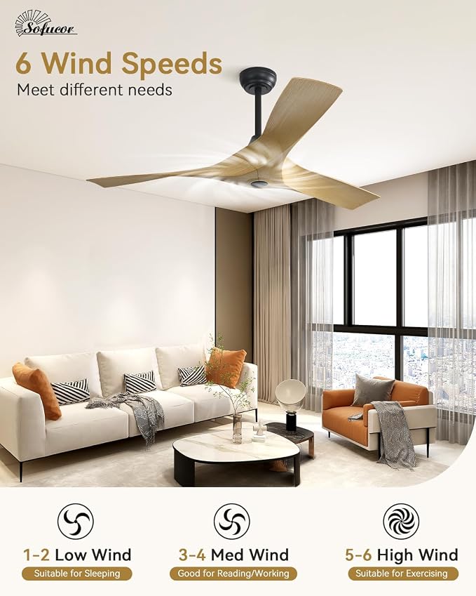 Sofucor 52 Inch Ceiling Fans No Lights, Modern Ceiling Fan with 3 Plastic Blades, 4500CFM 6-Speed 3-Timer Reversible DC Motor, for Bedroom Living Room Patios Office, ETL/FCC