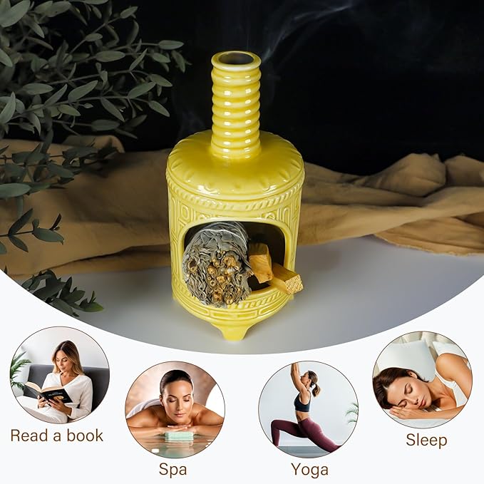 MOUGIGI Yellow Ceramic Palo Santo Burner Holder - Purpose for Palo Santo Sticks, Sage Smudge Sticks & Incense Cones Burning – Ideal for Energy Cleansing, Yoga, Meditation & with Unique Chimney Design