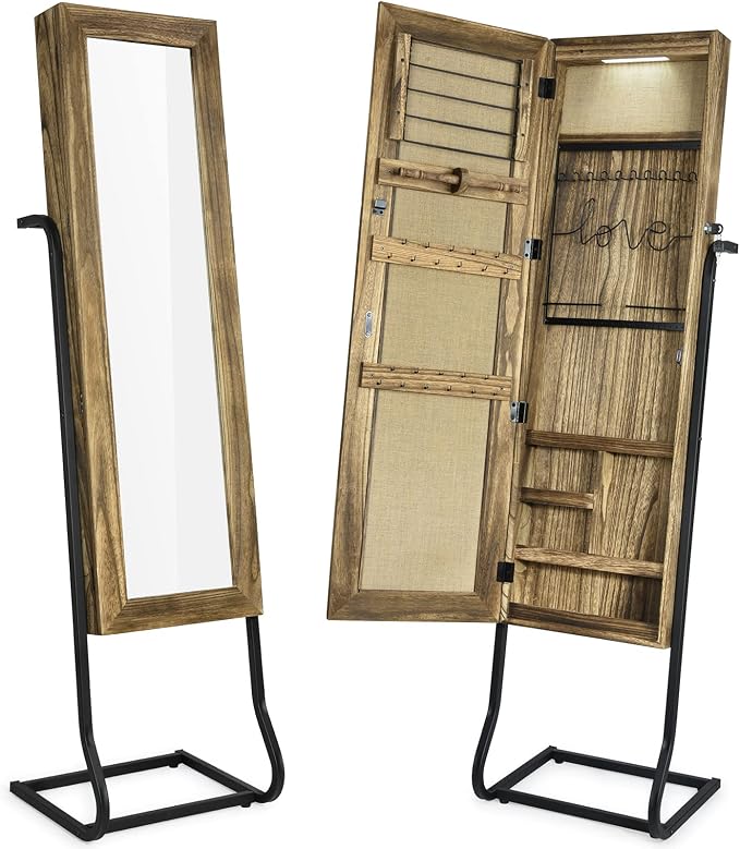 SRIWATANA Jewelry Armoire Cabinet, Solid Wood Standing Jewelry Organizer with Full Length Mirror (Carbonized Black) | Free-Standing Jewelry Armoire; Large Capacity Mirror Organizer with Lockable Door & Sturdy Base