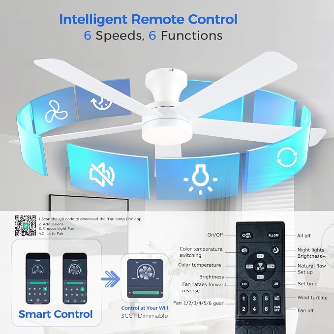 Ayaoty White Ceiling Fans with Lights, 46"- Flush Mount Ceiling Fan Light with ABS Blades Reversible, Low Profile, 3CCT Dimmable, Reversible, Fan Light for Indoor Modern Bedroom, Kitchen