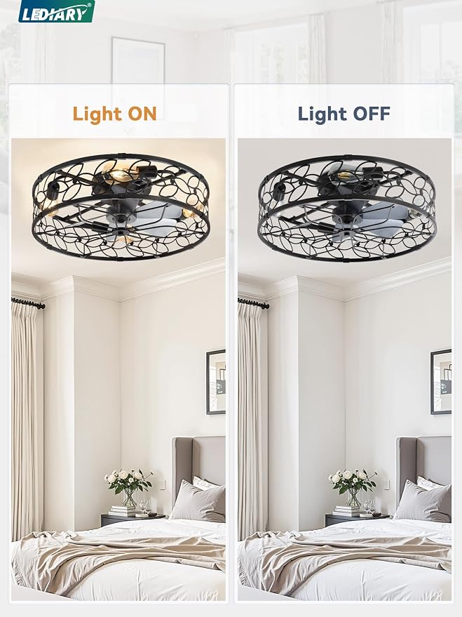 LEDIARY 23 Inch Caged Ceiling Fans with Lights, Black Flush Mount Ceiling Fan with Remote, Large Low Profile Bladeless Ceiling Fan Light Fixture for Bedroom, Kitchen, Dining Room