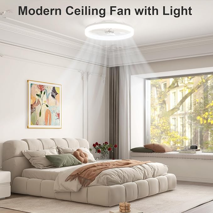 VOLISUN Low Profile Ceiling Fans with Lights and Remote, 23.6in Fandelier Ceiling Fan with Light, 3000K-6500K Dimmable Bladeless LED Fan Light, White Flush Mount Ceiling Fans with Lights for Bedroom
