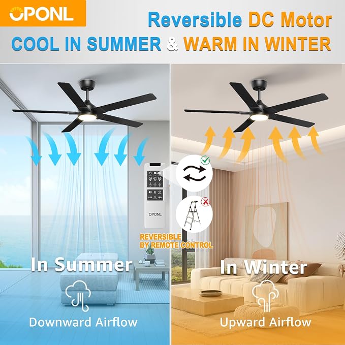 OPONL Ceiling Fan with Light, Ceiling fan with Light and Remote Control, Reversible, 6CCT, Dimmable, Noiseless, Ceiling Fan for Bedroom, Indoor/Outdoor Use, Black, 52 inch, Modern