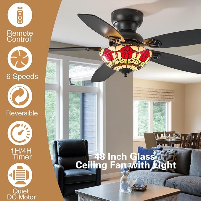 Tiffany Ceiling Fans with Lights - 48" Ceiling Fan Chandelier with 5 Dual-Blades and Glass Shade, 6 Speeds and Reversible, Indoor and Outdoor, Retro Style