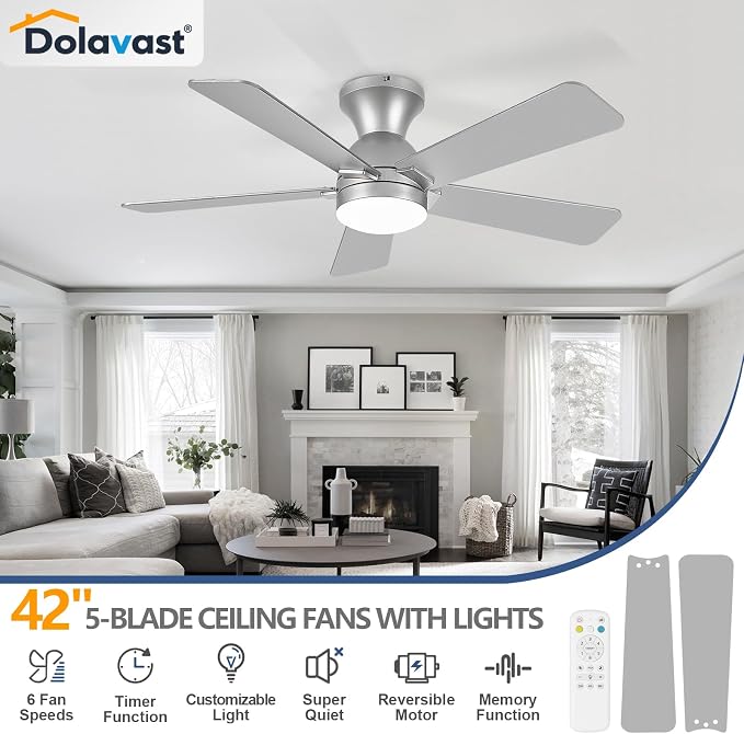 Ceiling Fans with Lights, 42 Inch Low Profile Ceiling Fan with Light and Remote Control, Flush Mount, Reversible, 3CCT, Dimmable LED, Quiet, Nickel Ceiling Fan for Bedroom, Kitchen