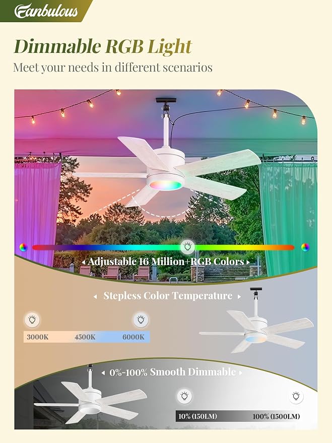 Fanbulous 42" Outdoor Ceiling Fans with Lights, APP Remote Control, IP65 Waterproof, RGB Dimmable Light, Plug in with 10FT Cord, 6-Speeds, 3CCT, Hook Hanging Fan for Gazebo Patio Porch Canopy(White)