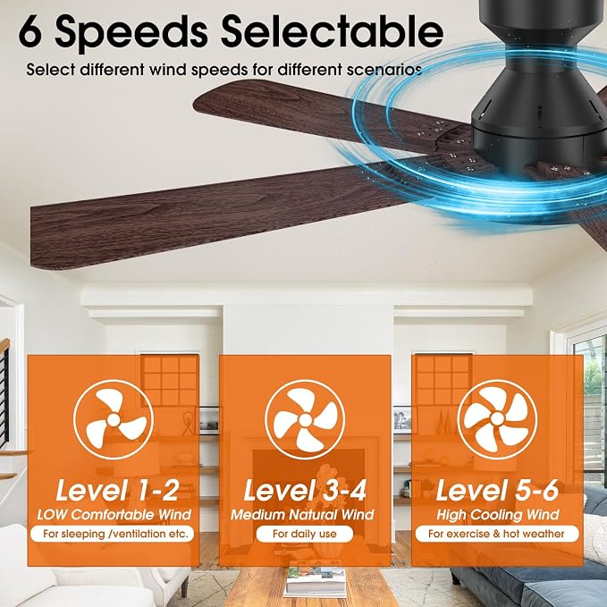 Ceiling Fans with Lights, 52 inch Low Profile Ceiling Fan with Light, Remote/App Control, Flush Mount Black Ceiling Fan for Bedroom, Indoor/Outdoor (Dark Wood)